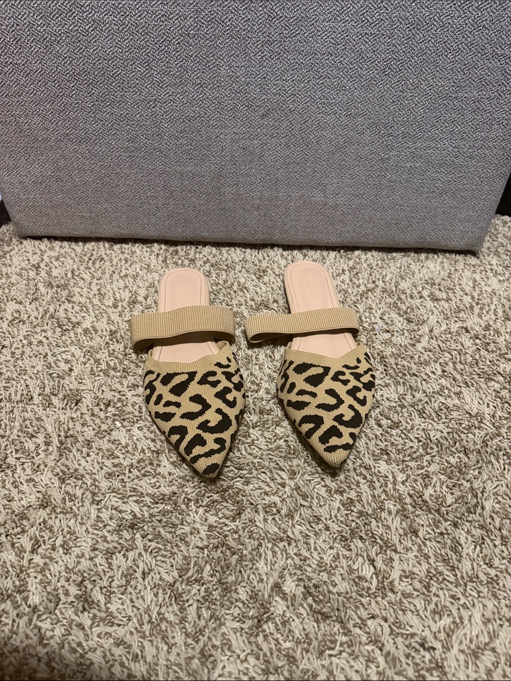 Leopard Print Pointed Slip-On Mules in Beige